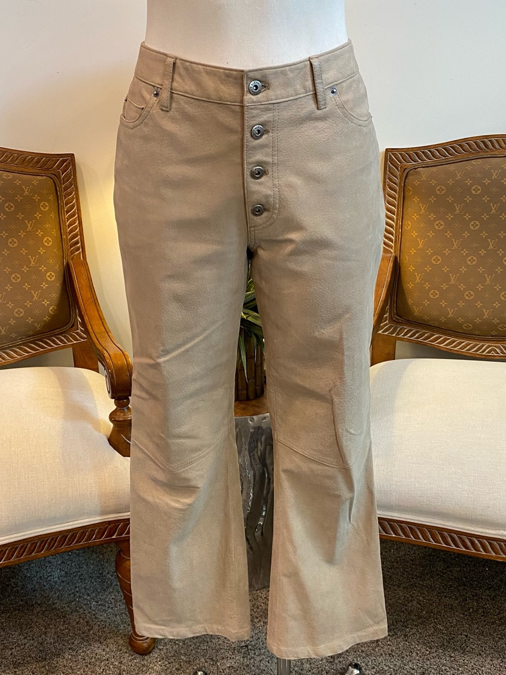 Vintage Tan Suede Flare Bootcut Pants, 29" Waist
